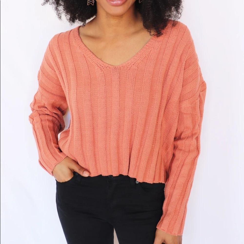 Kiss Me Coral/Pink V-Neck Ribbed Chunky Sweater Sz.L